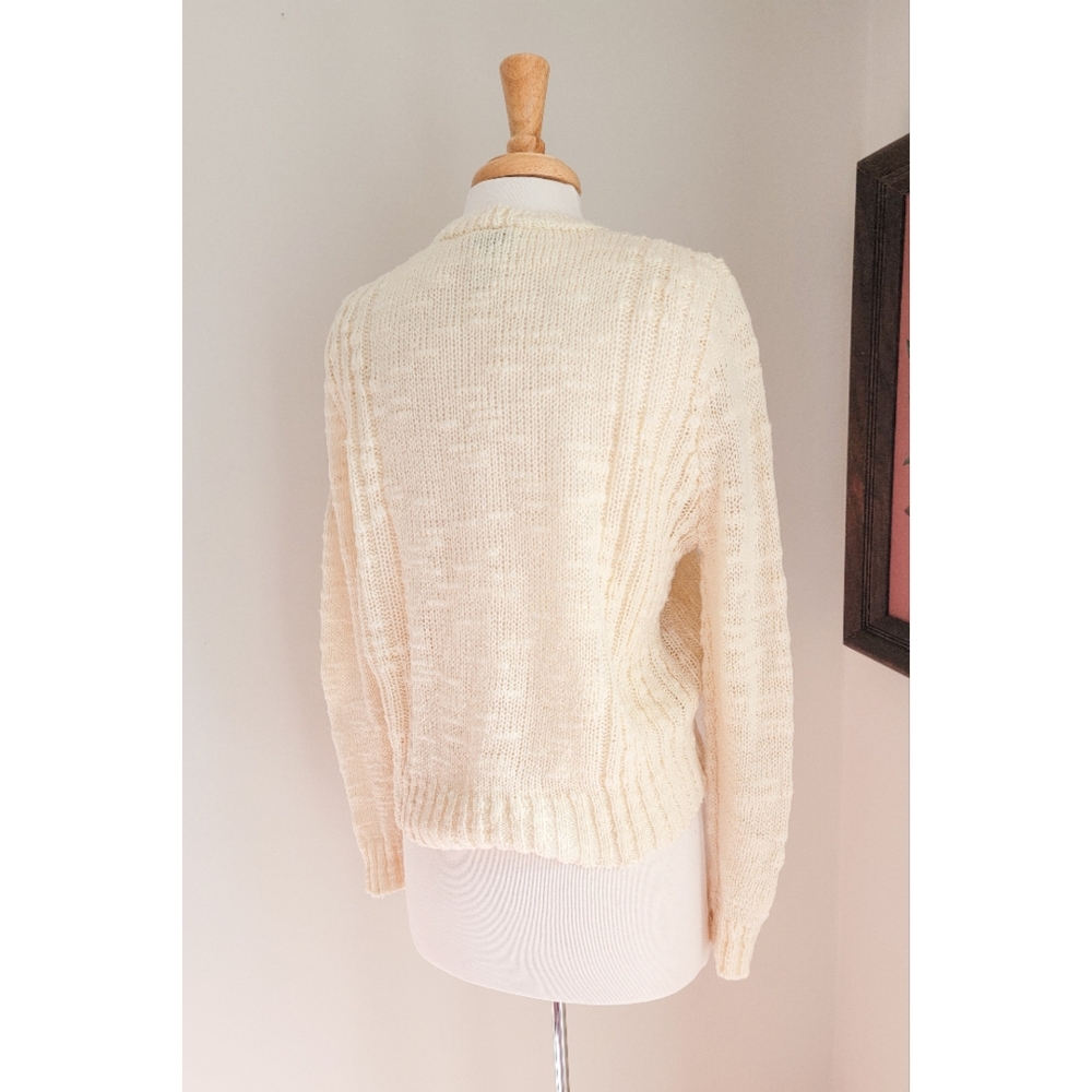 80s Ivory Pointelle Knit Crew Neck Long Sleeve Open Knit Neutral Vintage Sweater - Picture 8 of 14
